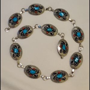 Navajo faux turquoise, coral coin silver belt
